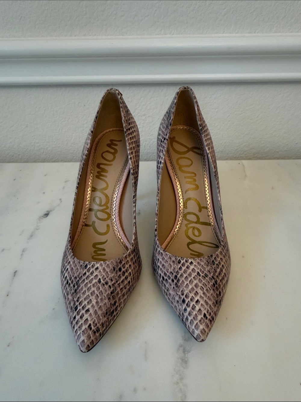Sam Edelman Pink Mauve Snake-Print Pointed Pumps